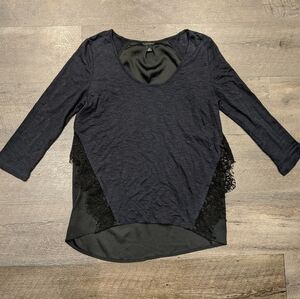 Ann Taylor Black Linen Blend Scoop Neck 3/4 Sleeve Shirt with Lace Size XS